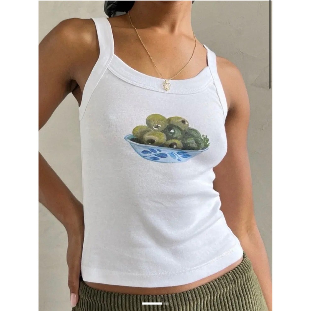 Lisa Says Gah Olive Bowl Graphic Tank Top Medium White Cotton Baby Tee Summer